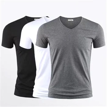 2025 Men's T Shirt Pure Color V Collar Short Sleeved Tops Tees Men T-Shirt Black Tights Man T-Shirts Fitness For Male Clothes