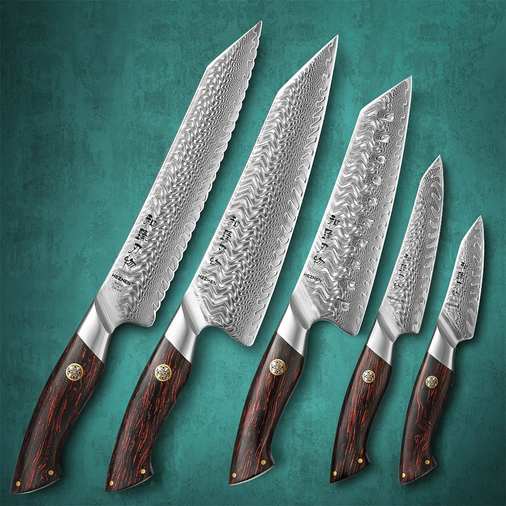 

HEZHEN 1PC or 5PC Knife Set 73 Layers Damascus Steel Chef Cook Knife 14Cr14MovNb Steel Core Sharp Kitchen Knife Gift Box