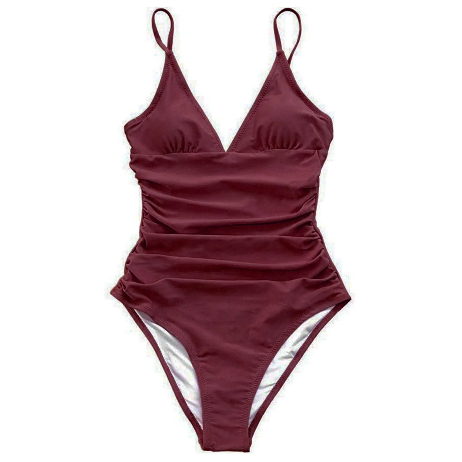 

Solid Shirring One-Piece Swimsuit Women Deep V-Neck Removable Bra Plain Monokinis 2024 New Summer Burgundy Beach Swimwear