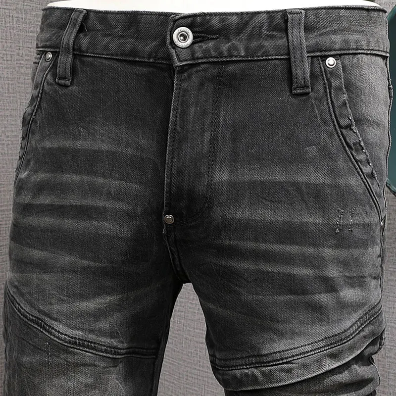High Street Fashion Men Jeans Retro Black Gray Stretch Slim Fit Spliced Designer Biker Jeans Homme Patched Hip Hop Denim Pants