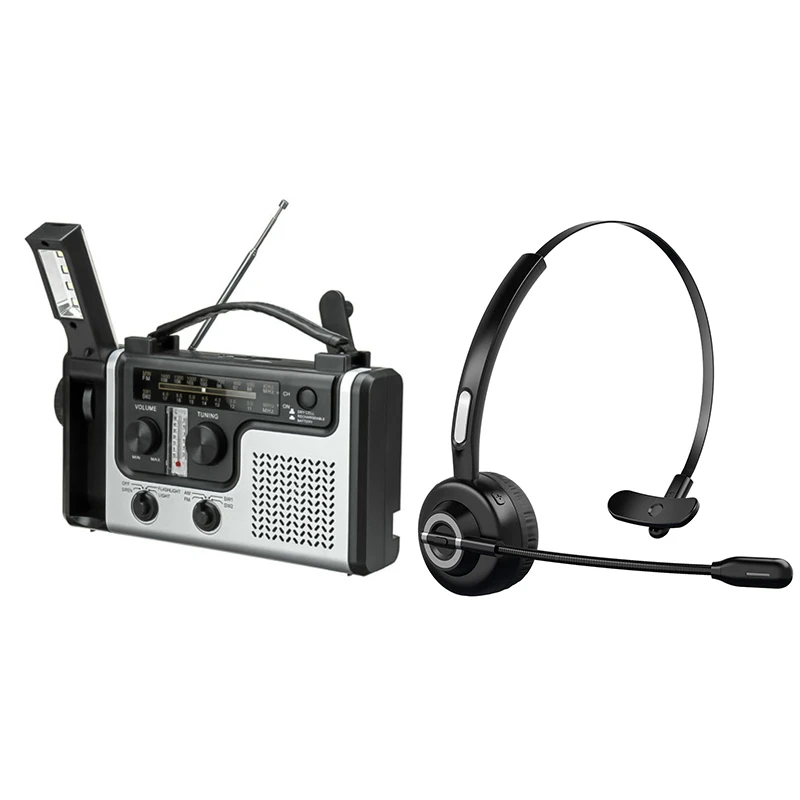 

Solar Radio Portable FM / AM Radio Built-In Speaker & Bluetooth Headphones With Microphone, Wireless Headset On Ear