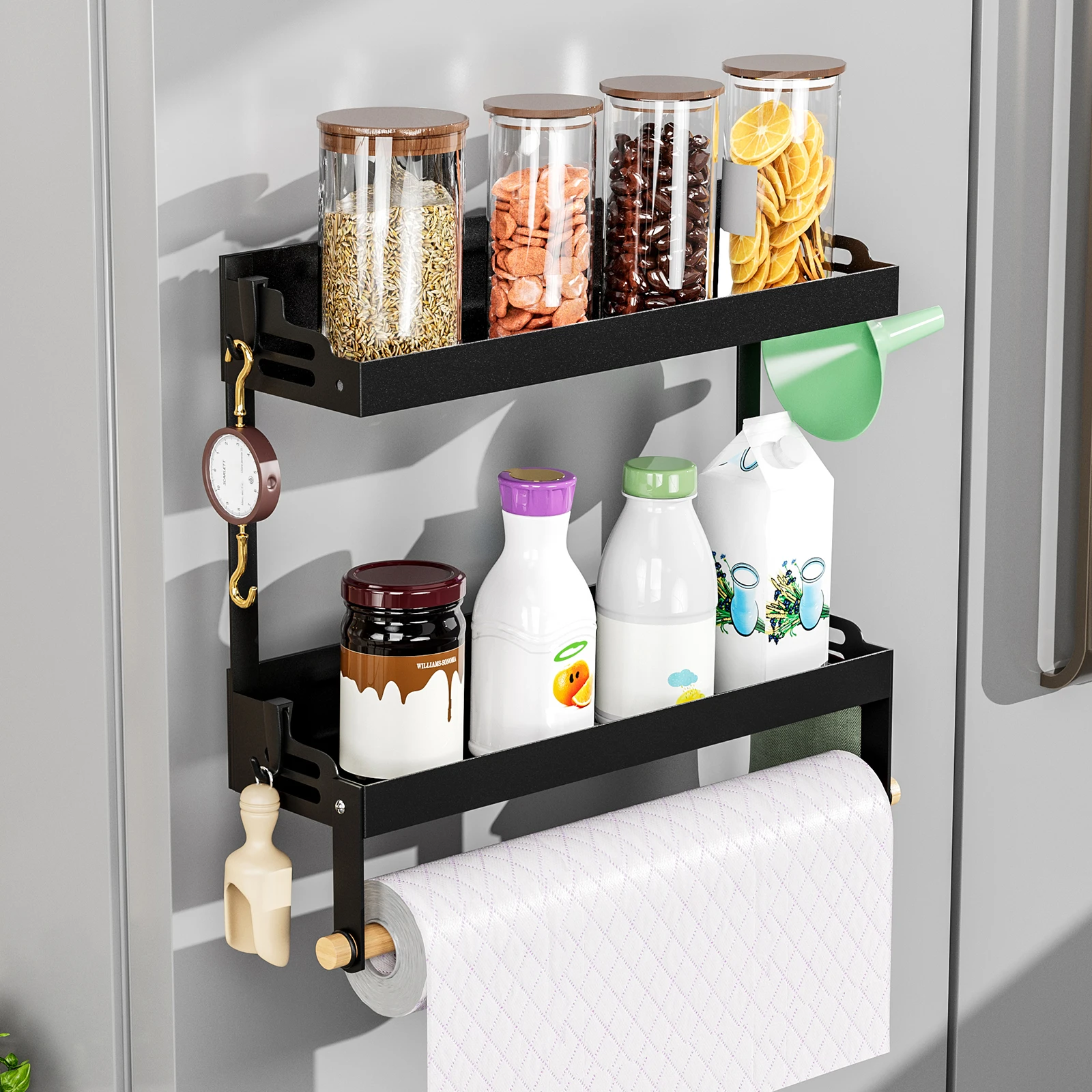 refrigerator shelves,Strong magnetic absorption rack,spice rack,With paper roll holder,Kitchen supplies storage rack With hook 2