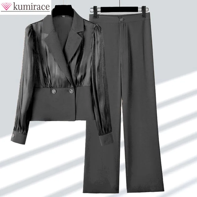 

2023 Spring Korean Popular Satin Jacket Blazer Casual Wide Leg Trousers Two-piece Elegant Women's Pants Suit Office Outufits