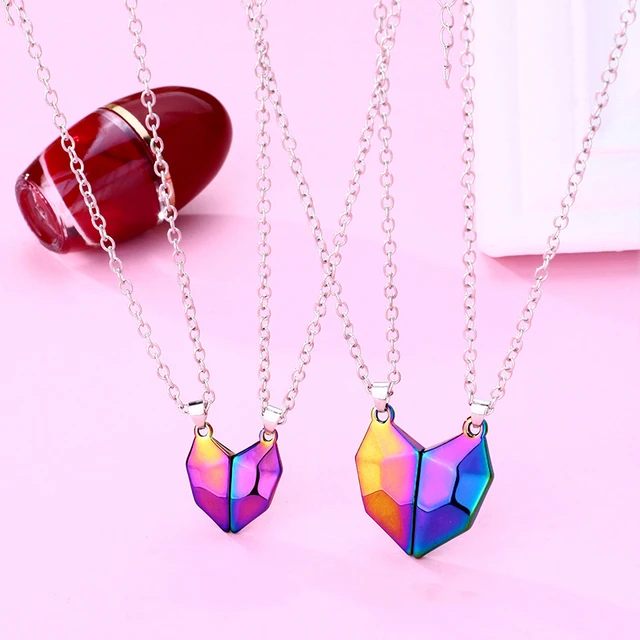 2pcs/set Magnetic Couple Necklace Lovers Wishing Stone Heart Pendant  Distance Faceted Charm Necklace Women Valentine's Day Gifts