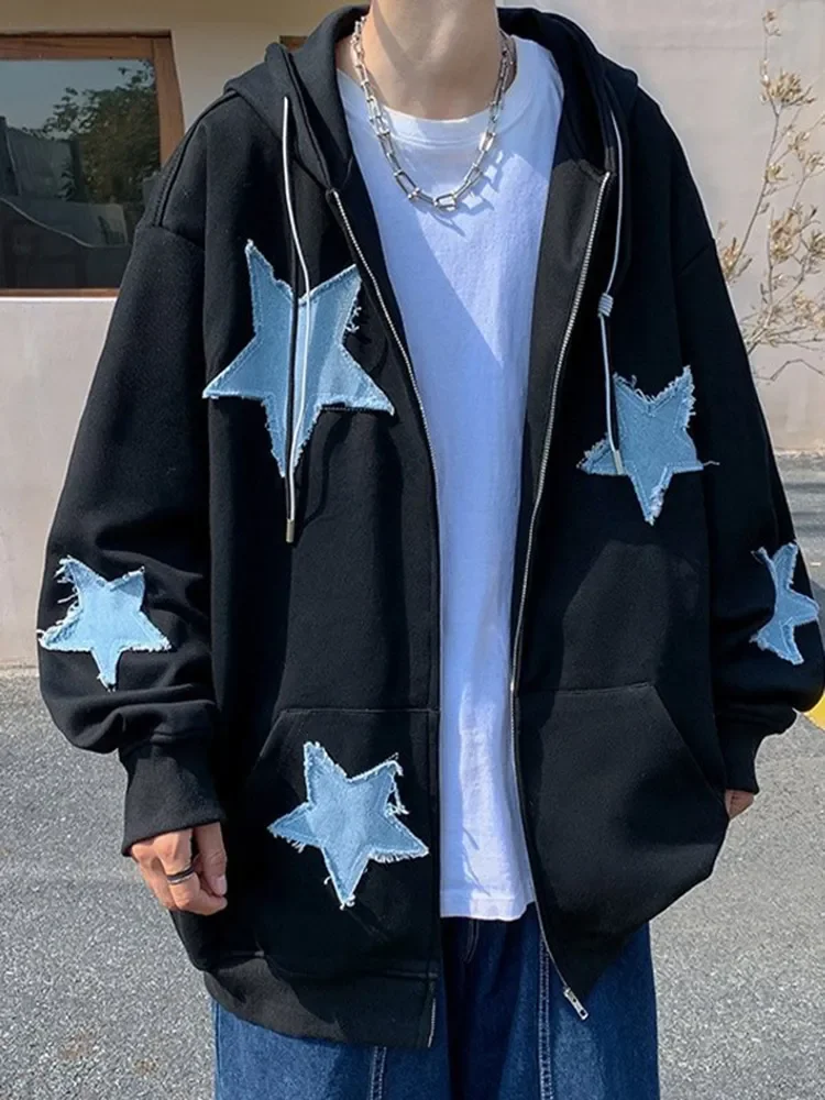 

Fashion Y2k Mens Jacket Coat Harajuku Star Patch Zipper Oversized Hoodies Streetwear Hip Hop Gothic Loose Pocket Man Sweatshirts