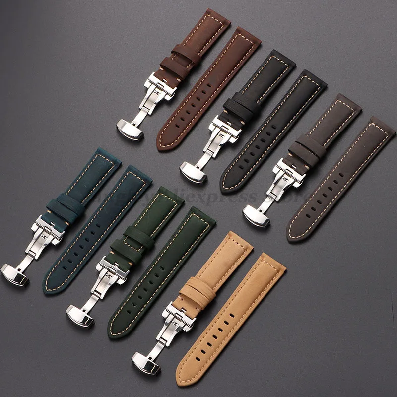 Vintage Crazy Horse Leather Watch Strap with Butterfly Buckle