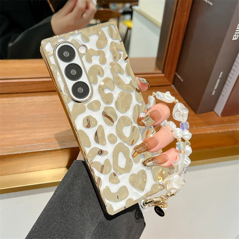 För Samsung Galaxy Z Fold 6 Luxury Classic Leopard Wave Shockproof Pearl Chain Telefonfodral_voghion.com