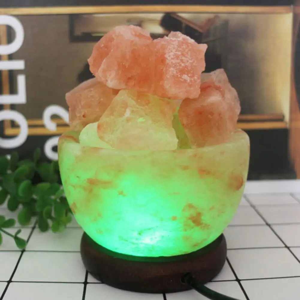 

Romantic Glare Free Interesting Night Light Color Changing Natural Salt Lamp with Wooden Base