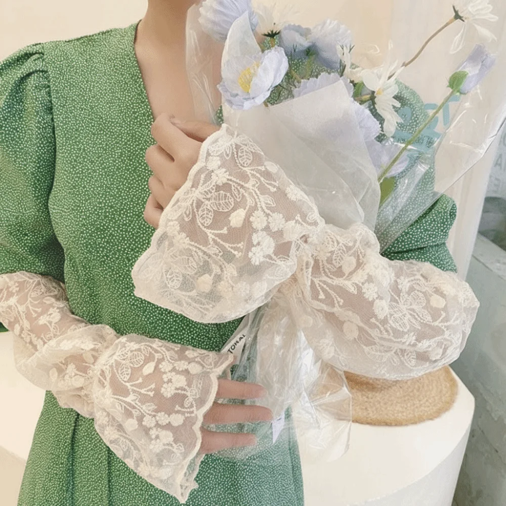 심플 탄성 아이스 실크 슬리브 속이 비치는 메쉬 자외선 차단 팔토시 루즈핏 꽃..