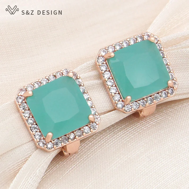 S&Z DESIGN New Fashion Square Pink Crystal Drop Earrings For Women Trendy Jewelry 585 Rose Gold Color Cubic Zirconia Eardrop