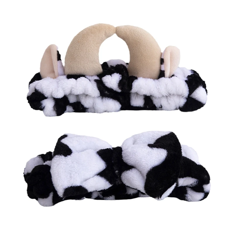 

Cow Headband Bow Horns Flannel Bandana Face Makeup Hairband Elastic Holder for Girls Hair Strap Bands Ears Turban Hair