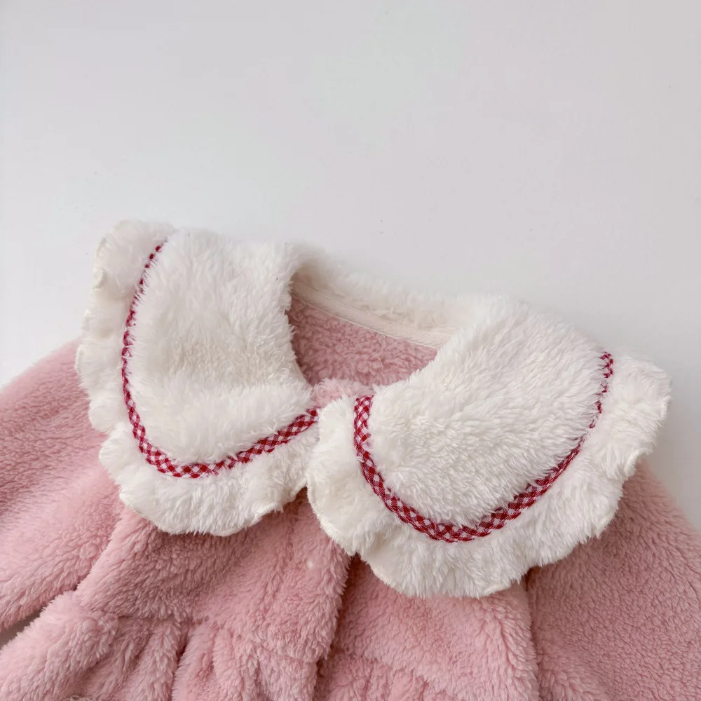2025 Winter New in Kids Baby Girls Thicken Plush Warm Outfits ,toddler Infant Peter-pan Collar Jumpsuits Newborn Romper 0-24M