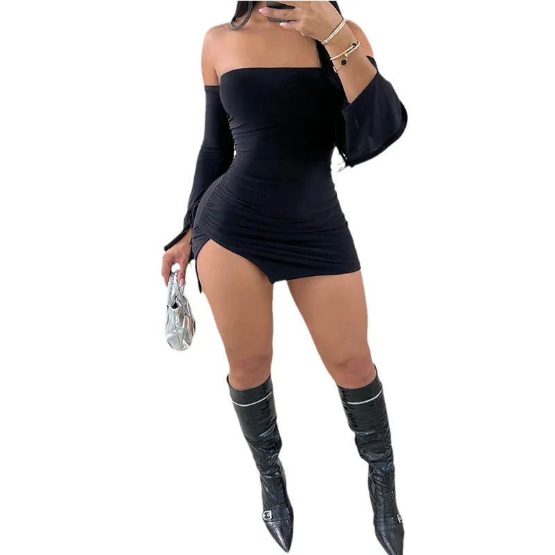 Women's Black Strapless Backless Mini Dress Off-Shoulder Long Sleeve Bodycon Club Party Dress for Women