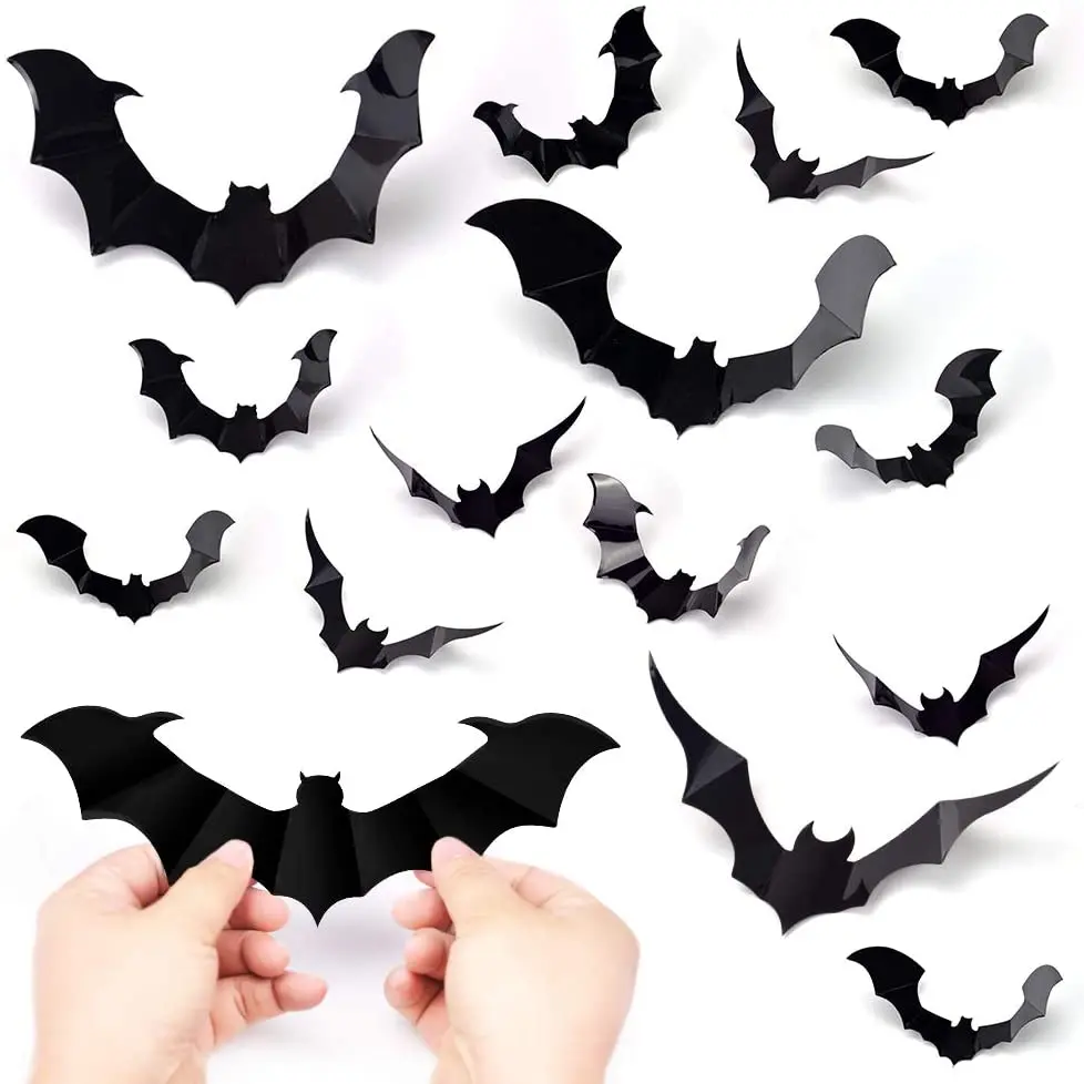 Halloween Bats Wall Stickers Decorations 48/36/24Pcs For Home Indoor/Outdoor Mixed size 3D Scary Bats Window Decal