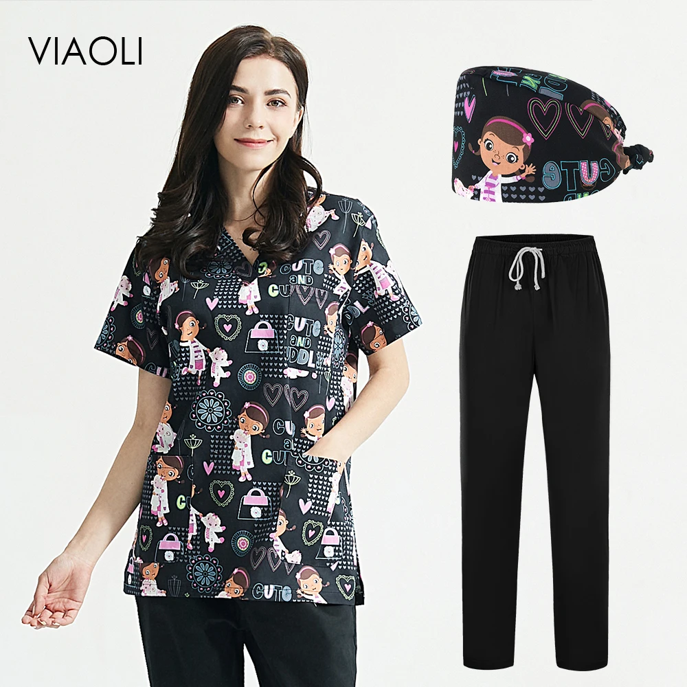 Beauty Salon Work Clothes Experimenter Scrubs Tops Unisex Print Pet Grooming Institutions V-Neck Scrub Tops nurse scrubs top working uniform blouse