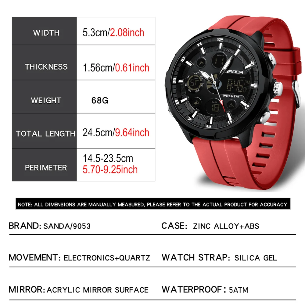 SANDA Digital Men Military Watch 50m Waterproof Wristwatch LED Quartz Clock Sports Watch Male Big Watches Men Relogios Masculino 3