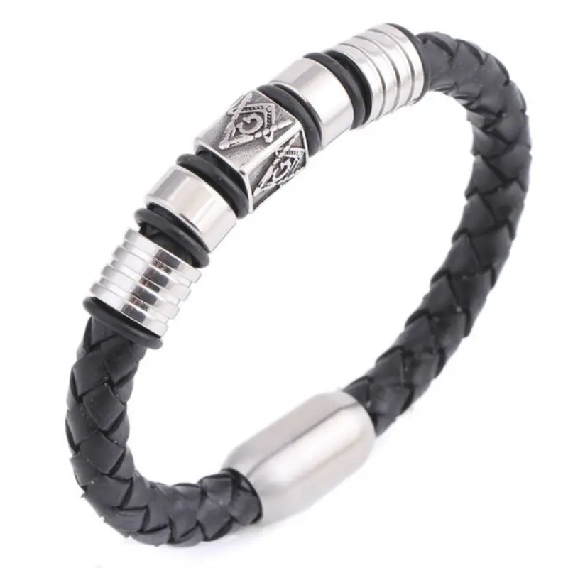 

Vintage Stainless Steel Leather Bracelet Men's Religious Totem Freemasonry Magnet Woven Birthday Party Jewelry Gift