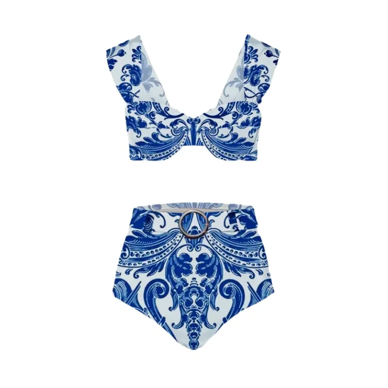 2023 Women's New Swimwear Chinese Style Printed Two-piece Summer Beach Wear Ruffle V-neck Bikinis Cover Up