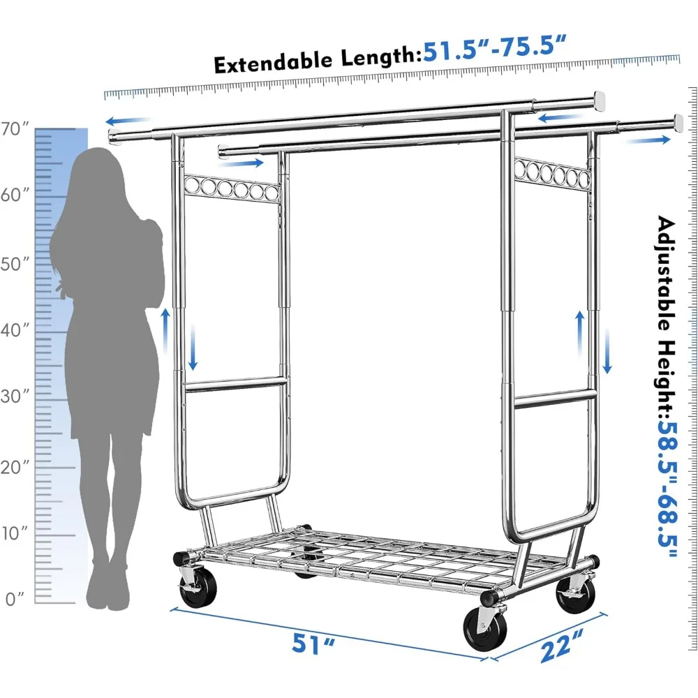 Clothes Rack Heavy Duty Clothing Racks for Hanging Clothes Load 620LBS, Rolling Clothing Rack with Wheels, Adjustable 3
