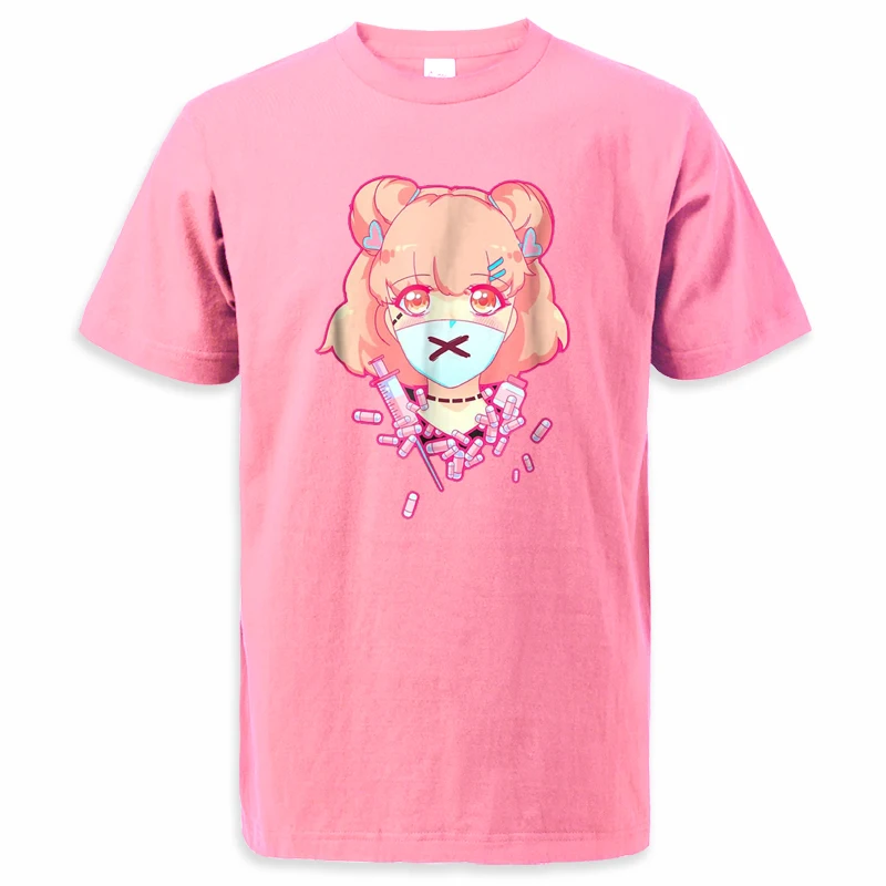 

2024 Summer Hot Pink T Shirts Mens Casual Cotton Anime Kawaii Girl T-shirt Fashion Harajuku Streetwear Crewneck Camisa Masculina