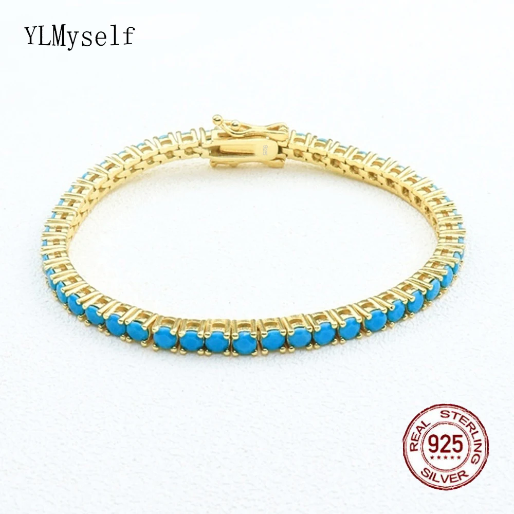 Pure Silver 15-21 cm Tennis Bracelet Pave 3 mm Turquoise Blue Stone Rhodium/Gold Plated Real 925 Jewelry For Women/Men