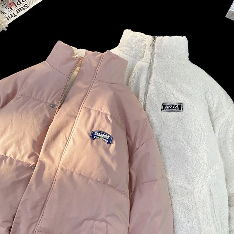 

Both Sides Wear Women'S Pink Retro Lamb Fleece Cotton Clothes Winter Casual Fashion Jacket Coat Thickened Warm Clothes Loose