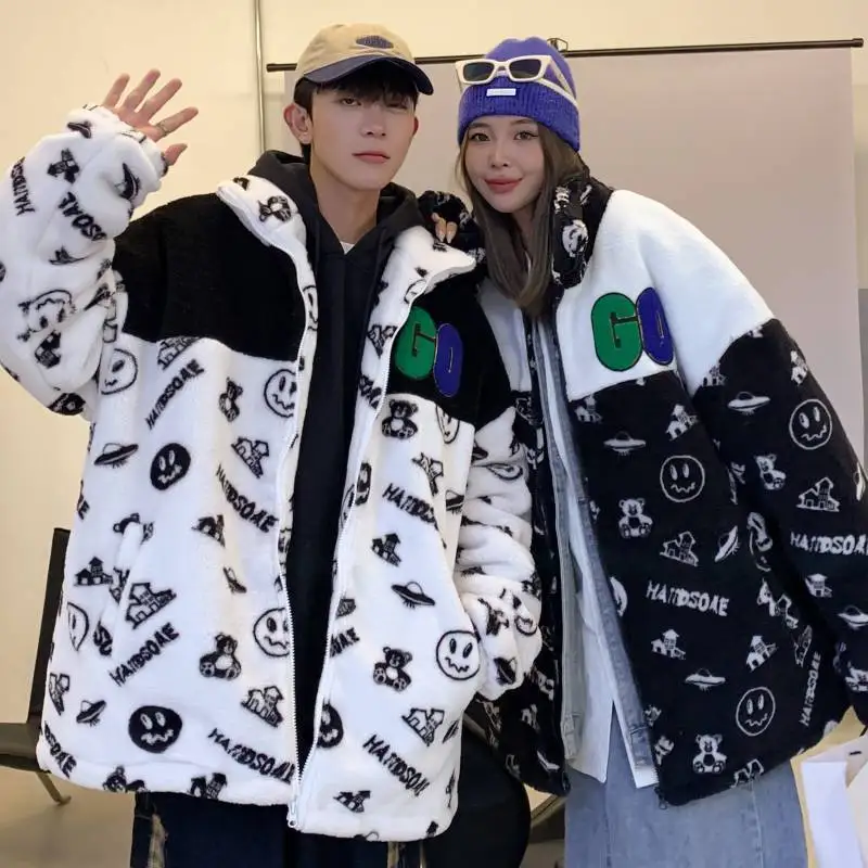 

Y2K Harajuku Devil Lamb Jacket Men's Winter American Thickening Plus Plush Couple Cotton Jacket Winter Clothes