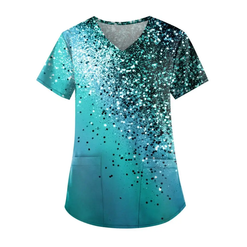 Lässige Krankens ch wester Uniform Print Frauen Kurzarm Tops V-Ausschnitt Bluse Hemd Tasche Schönheits pflege Peeling Uniformen Enfermera Mujer 2023 – Detail 4