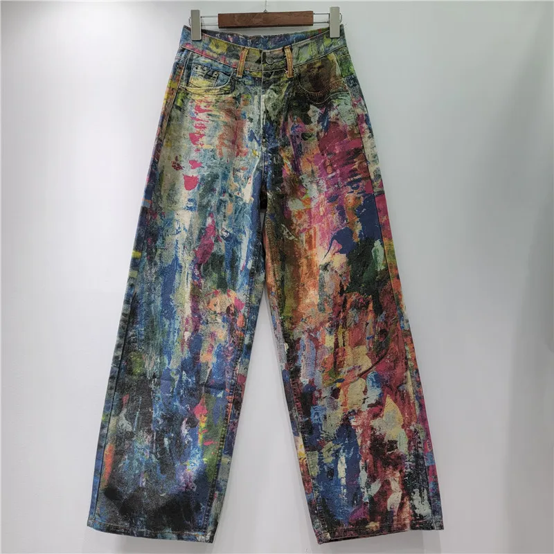 YEAE color printing ink splashing palette jeans women's new street design graffiti personalized trousers 1