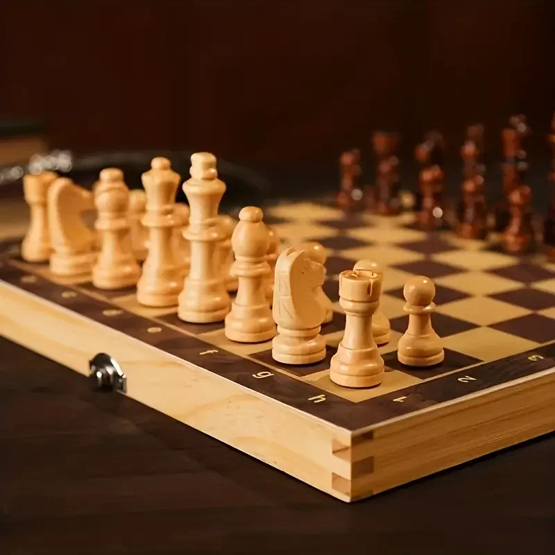 3-in-1 Chess Backgammon Checkers Set Solid Wooden Foldable Puzzle Board Game Toy Gaming Gift