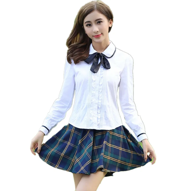 

Japanese School Uniform Girls Spring Autumn Cotton Long Sleeve White Shirt + Plaid Skirt High College students Clothes Set women