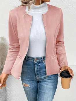 Women's Fashion Round Neck Slim Fit Top Long sleeved Access Control Zipper Cardigan Short Jacket 1