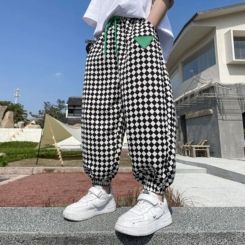 

Teen Kids Spring Summer Checker Boys Checkered Boys Anti-Mosquito Pants Bloomers Thin Style Ice Silk Pants 4 5 6 7 8 10 12Years