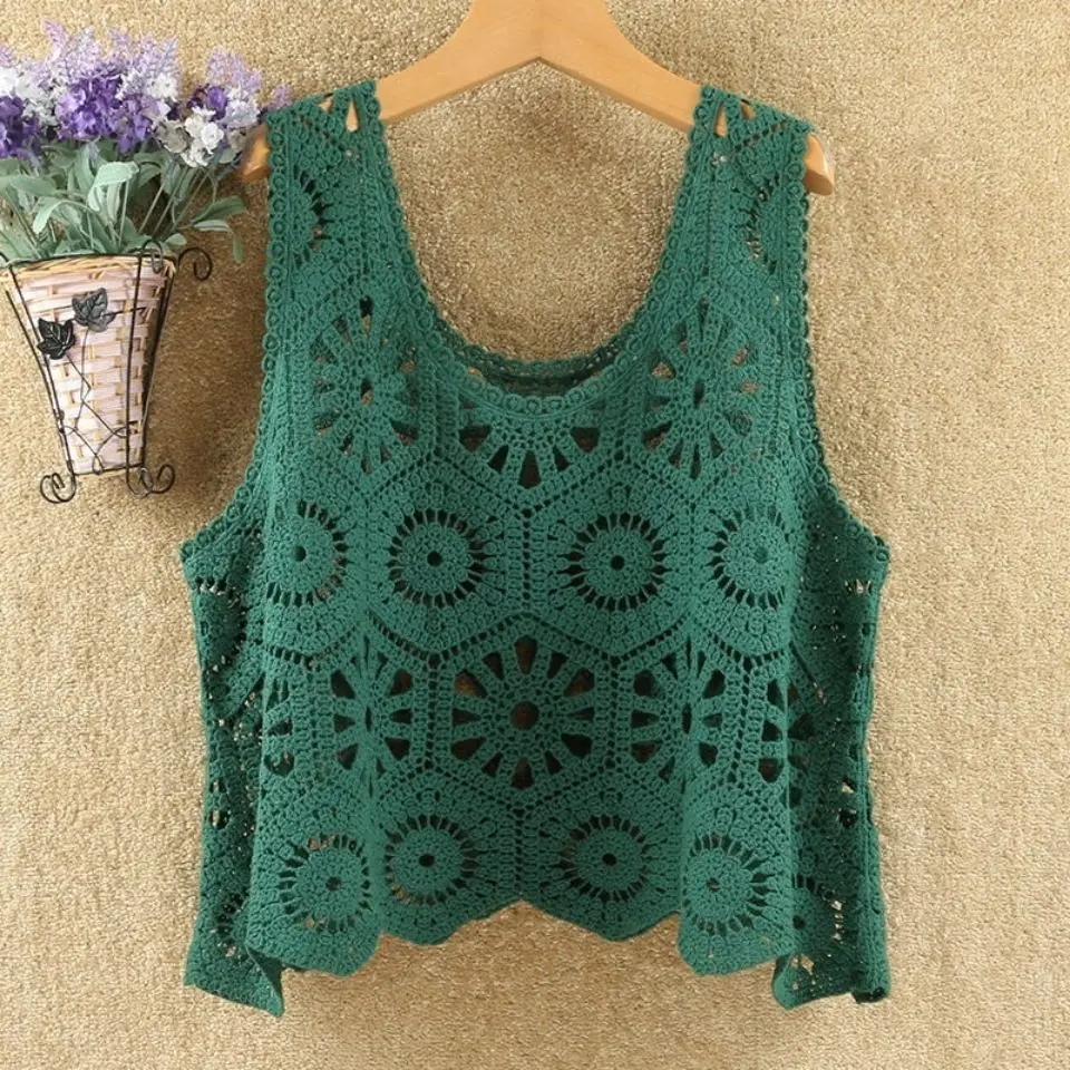 

Summer Clothes for Women Solid Color Crochet Vest Sleeveless Waistcoat Knit Vests Crop Top Vintage Chaleco Mujer