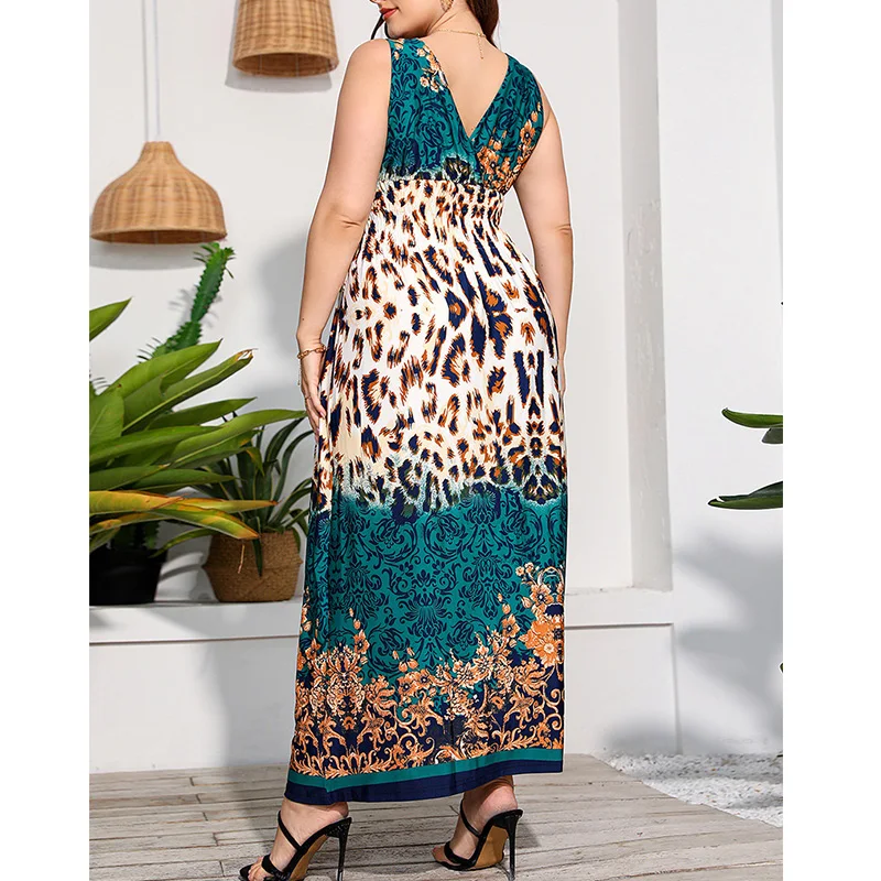 Bohemian Plus Size Clothes Deep V-Neck Multi-element Print Sleeveless Elegant Summer Ice Silk Pleated Vest Long Dress for Women