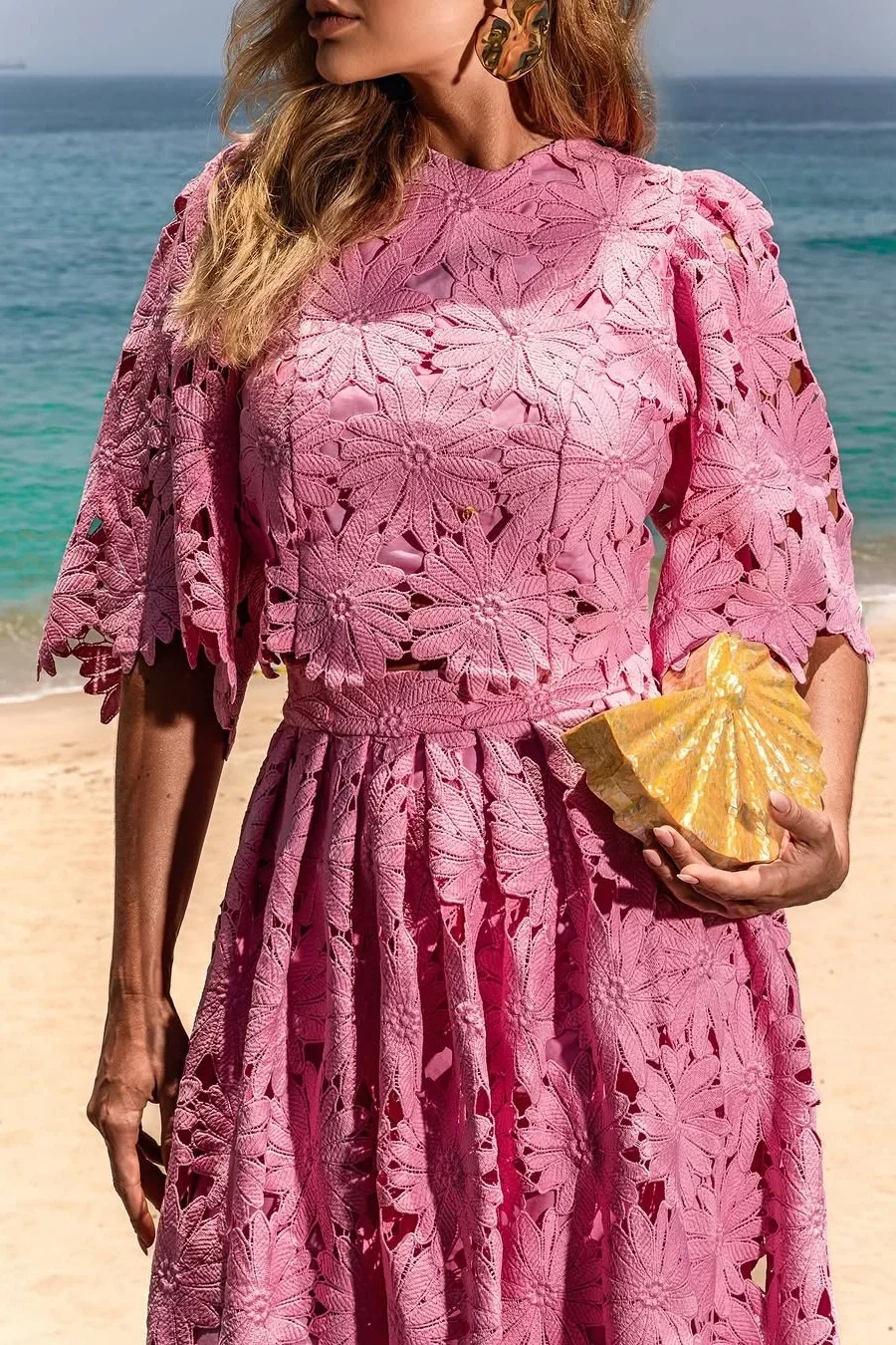 French Style Lace Embroidered Hollow Out Top Pants Set Casual