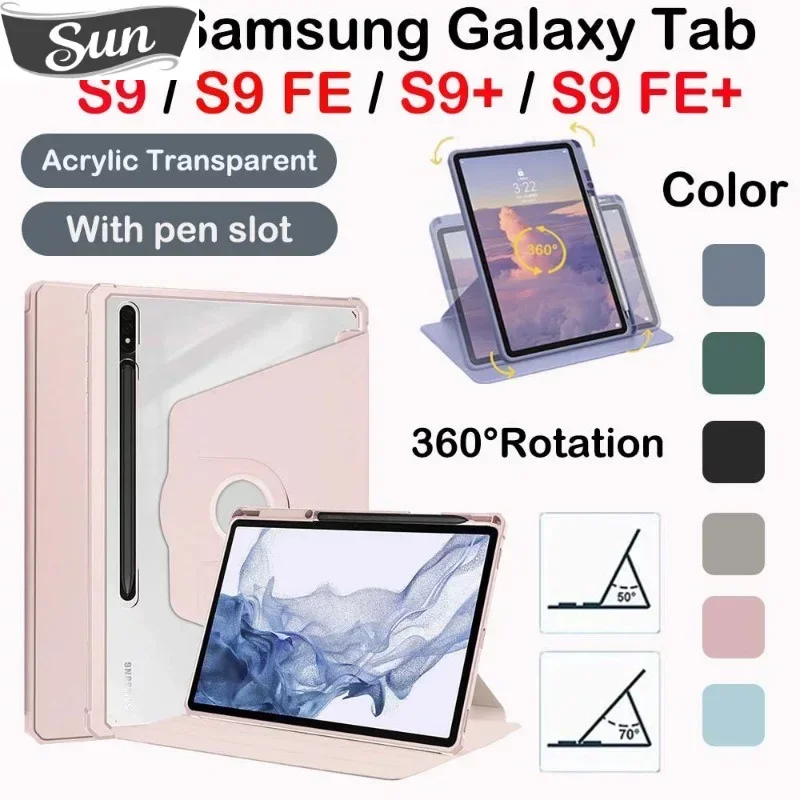 

360° Acrylic Rotation Pen Slot Shell for Samsung Galaxy Tab S9 FE Plus 2023 Case 12.4 inch Tab S9 Plus S7 FE S8 S9 FE 10.9 S7+