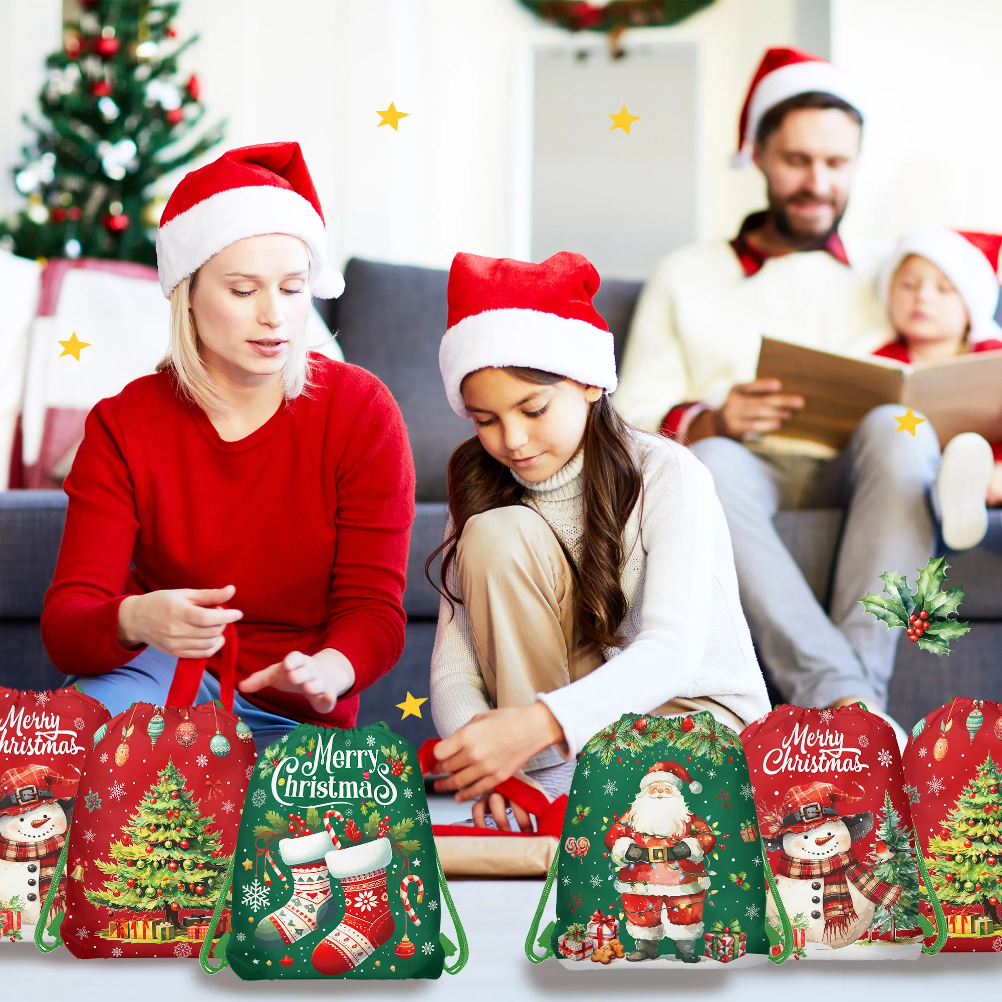10 Stück Frohe Weihnachten Thema Vlies Geschenktüte für Weihnachtsfeier, Weihnachtssockenmuster Verpackungsbeutel für Weihnachtsfeierzubehör – Detail 8