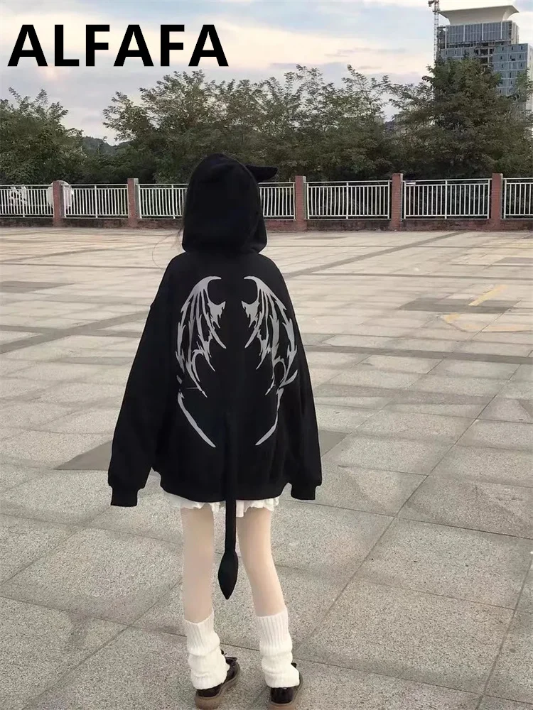Grunge Gothic Harajuku Zip Up Hoodies Women Mall Goth Tops Japanese Streetwear Kawaii Hooded Sweatshirt 2023 Autumn Pullovers