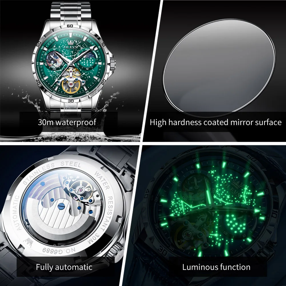 OLEVS Brand Fashion Green Dial Tourbillon Mechanical Watch for Men Stainless Steel Waterproof Starry Sky Moon Phase Watches Mens