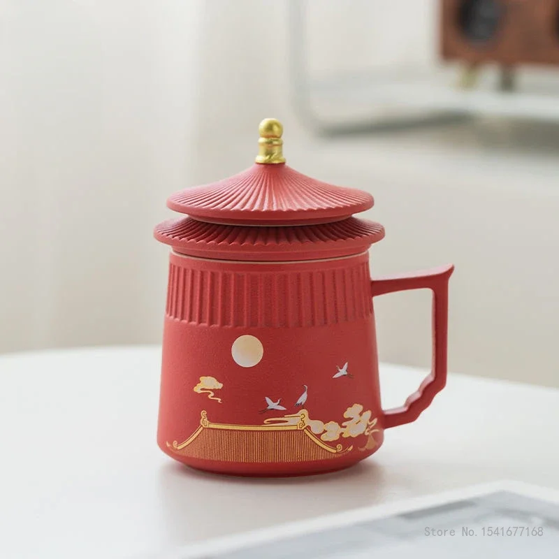 Creative Ceramic Tea Cup with Cover, Chinese Style Crane Pattern Office Supplies, Handle Teacup Separation Filter Water Mug, 1Pc