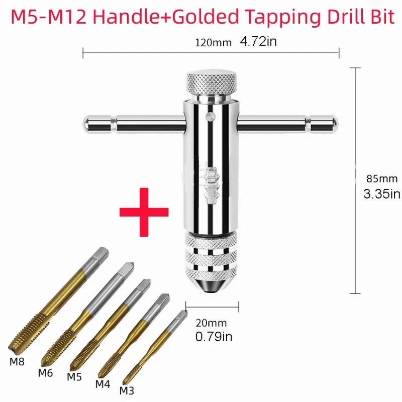 Description Picture 6 of itemAdjustable Silver T-Handle Ratchet Tap Holder Wrench with 5pcs M3-M8 3mm-8mm Machine Screw Thread Metric Plug T-shaped Tap
