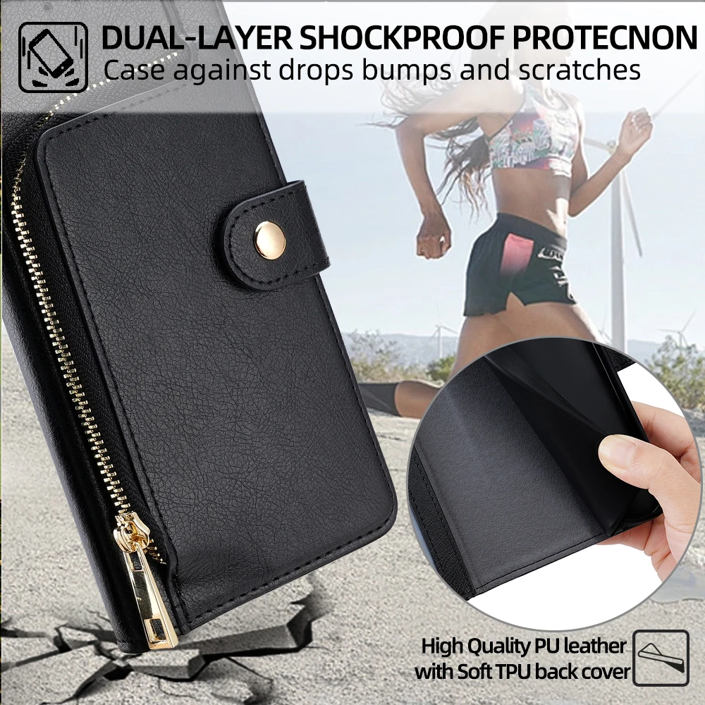 Luxurious Leather Flip Phone Case with Zipper Wallet and Card Slots Holster