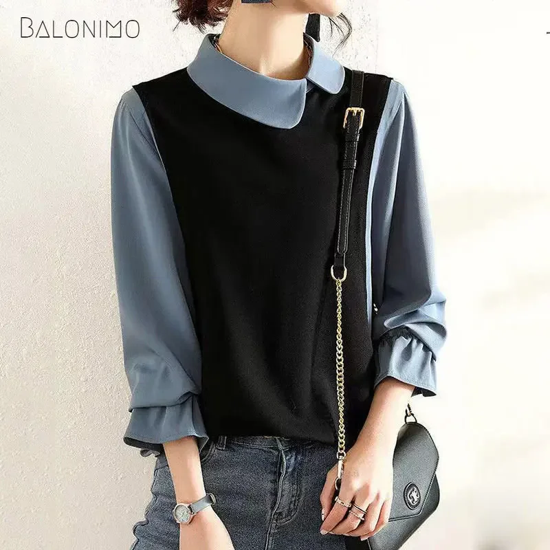 

Женский пуловер с имитацией двух частей, рубашки, новинка, весенний элегантный топ в Корейском стиле с кукольным воротником, облегающая дикая блузка с длинным рукавом для женщин