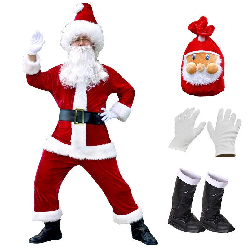 

Red Deluxe velvet 8-piece Christmas Party Men Children Family Costume Santa Claus Costume Adult Christmas cosplay costume