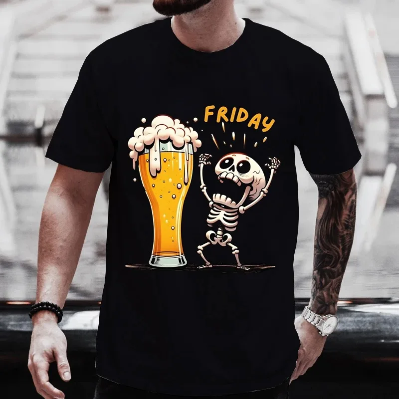 

Men's Summer Cotton T-Shirt Short Sleeve Top Skeleton Enjoy Friday T-Shirt Finally Friday Beer Lovers Men's Top