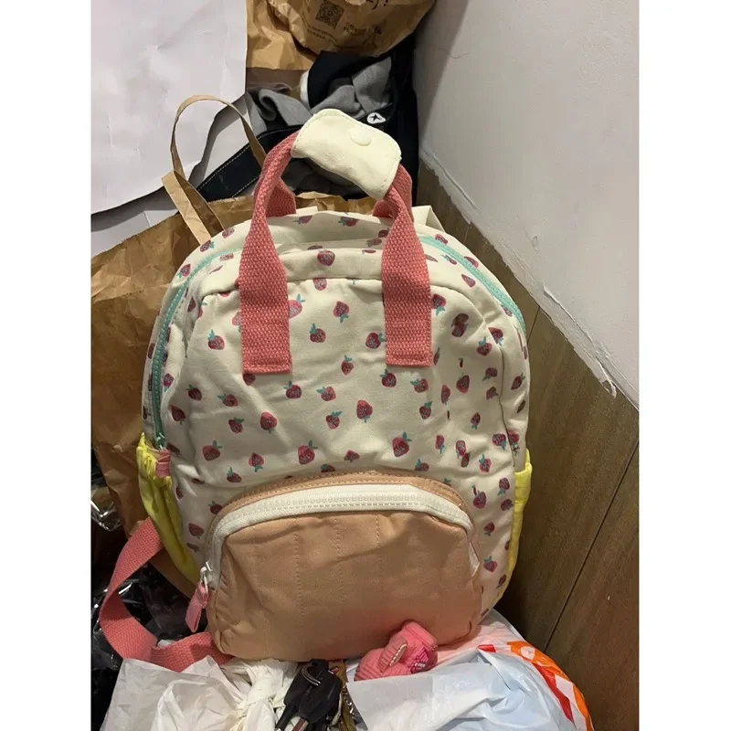 Backpack New Fashionable Canvas Strawberry Printed Schoolbag for Girls Match Color Sweet Cute for Kindergarten Girls Snack Bag