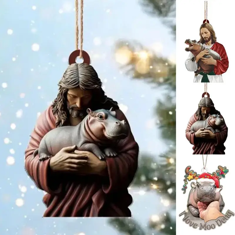 Christmas Jesus Love Moo Deng Keychains Hippopotamus Ornaments 2D Acrylic Decoration Christmas Tree Hangable pendant Keyrings