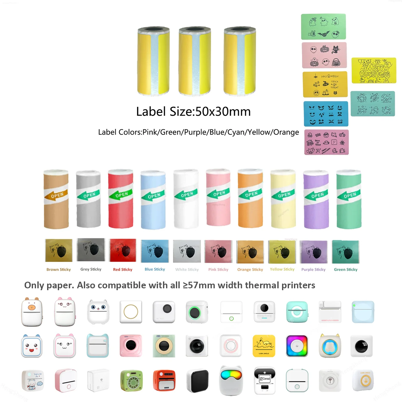 57mm Color Sticker Label Thermal Label BPA Free for Peripage A6 Cute Cat C9 Paperang P1 Phomemo T02 Junk Jingle