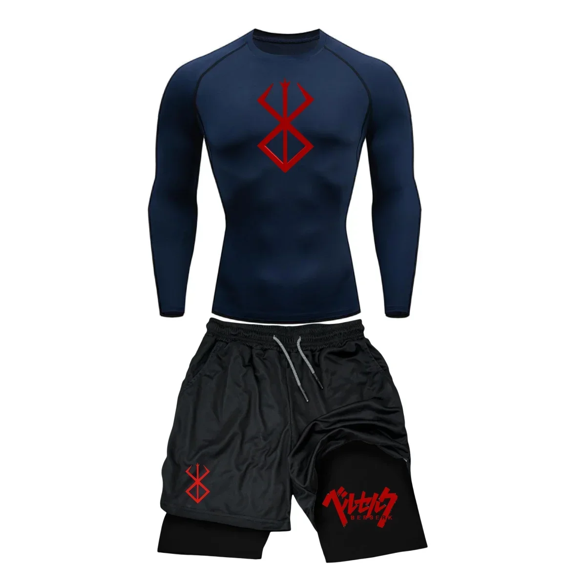 Anime Berserk Guts Printed Men's Compression Set Long/short Sleeve Gym Top Workout Shorts Quick Drying Rash Guard Set Sports Suit